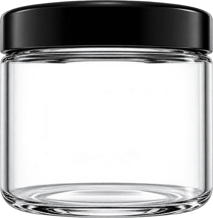 A clear glass Frosted treasure jar with a black lid